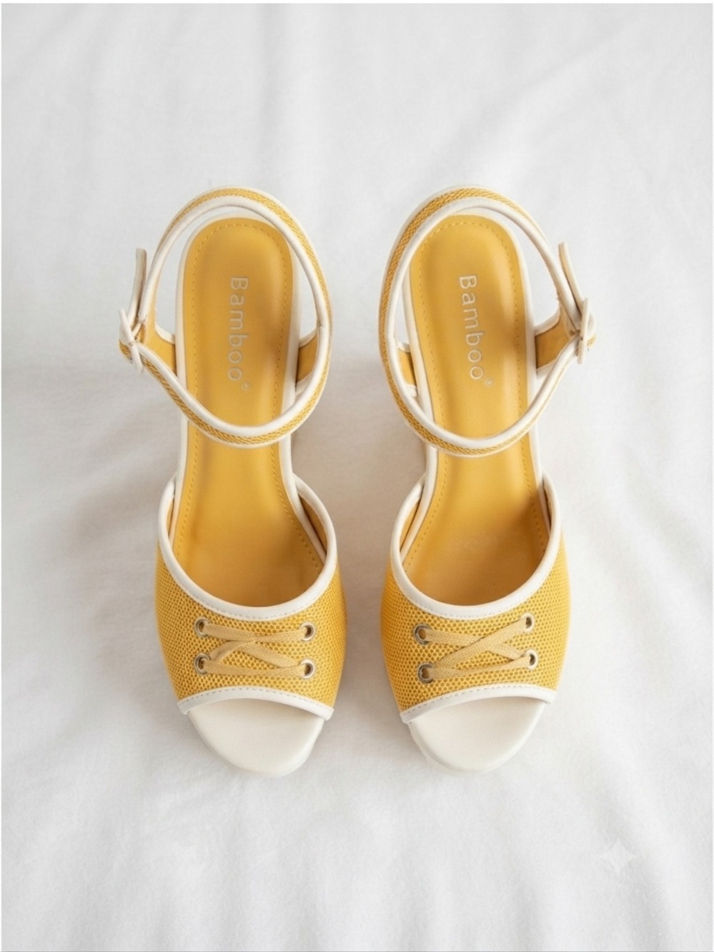 BAMBOO Yellow and Cream Ankle-Strap Open-Toe Heels